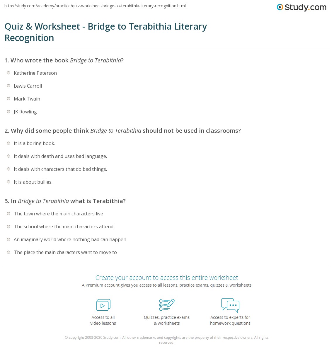Quiz & Worksheet - Bridge to Terabithia Literary Recognition | Study.com