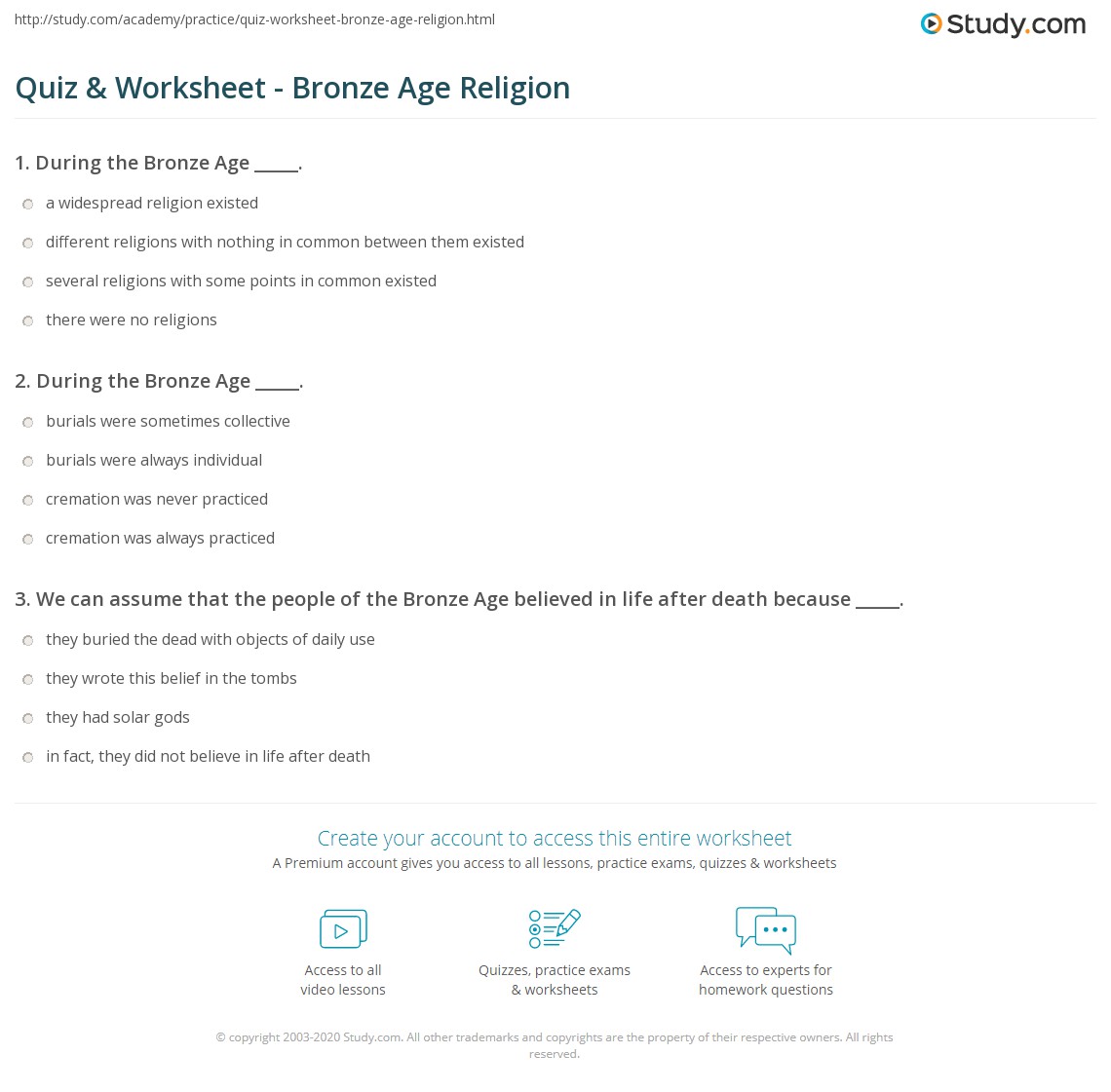 Quiz & Worksheet Bronze Age Religion