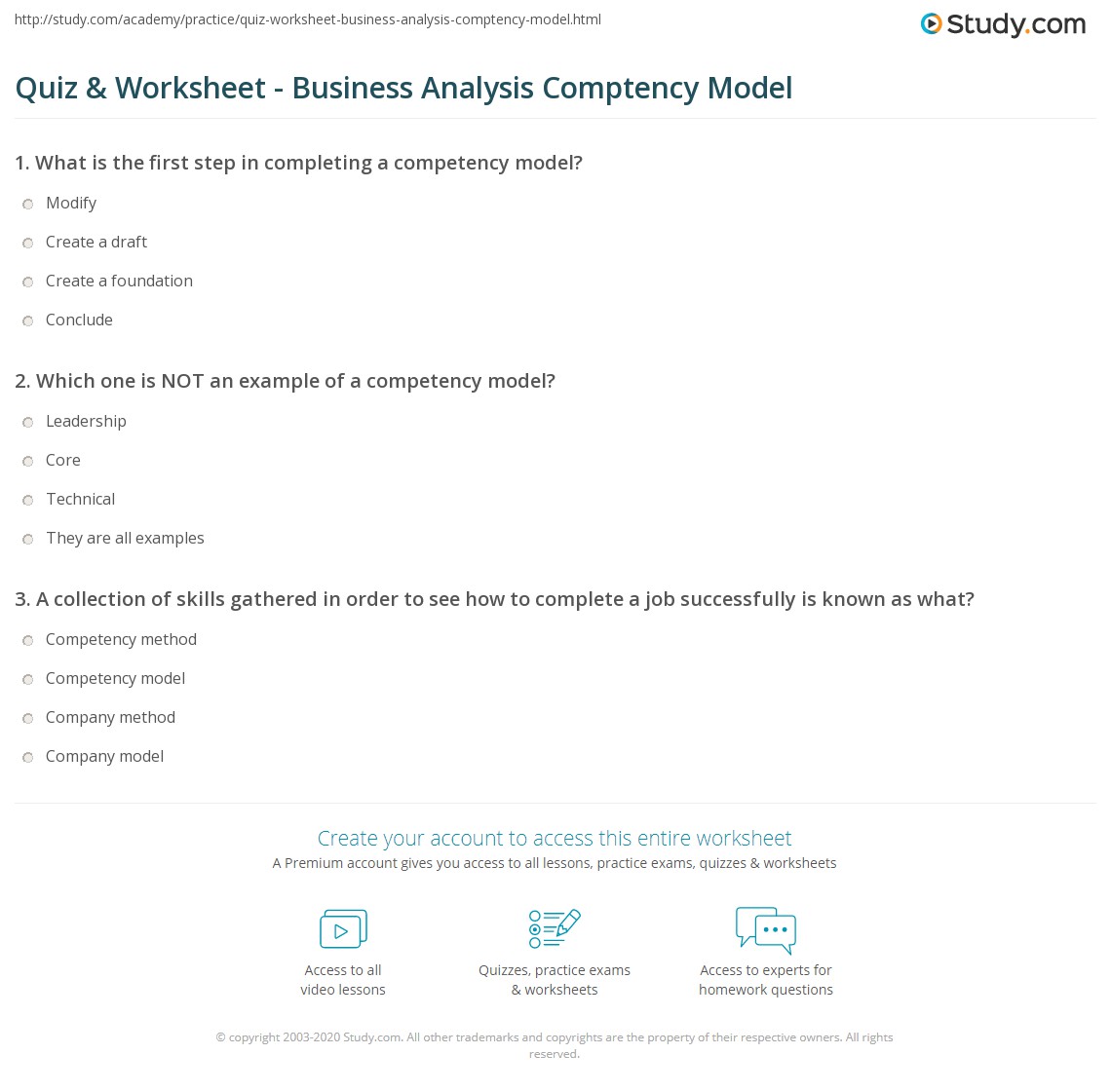 Quiz & Worksheet - Business Analysis Comptency Model | Study.com