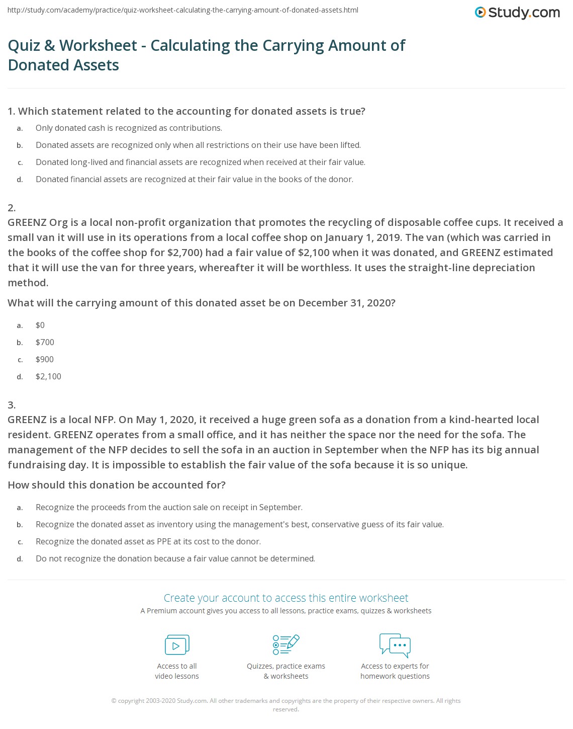Quiz & Worksheet Calculating the Carrying Amount of Donated Assets