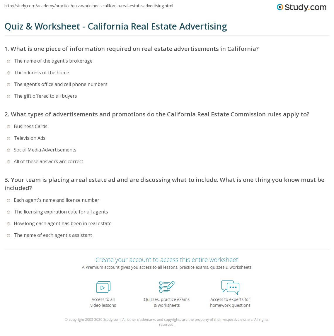 Quiz & Worksheet California Real Estate Advertising
