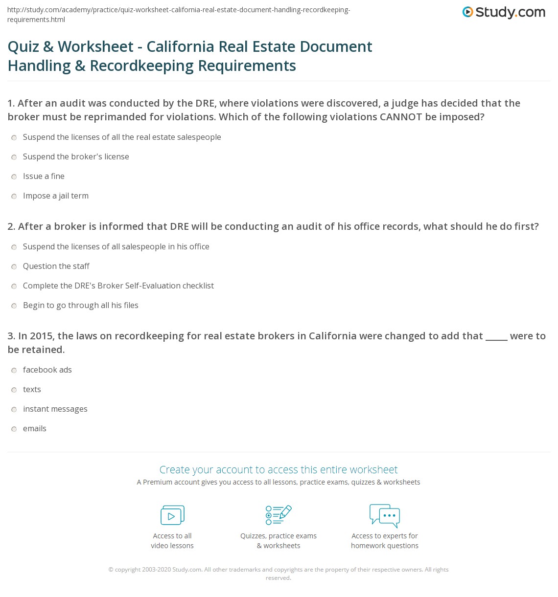 Quiz & Worksheet California Real Estate Document Handling