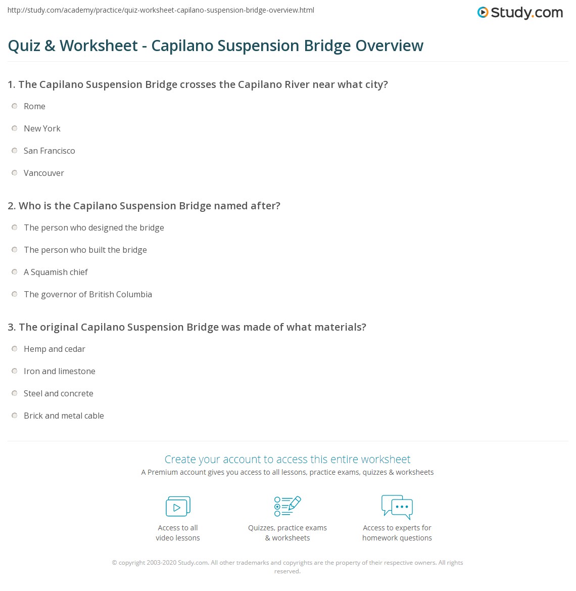 Quiz & Worksheet - Capilano Suspension Bridge Overview | Study.com