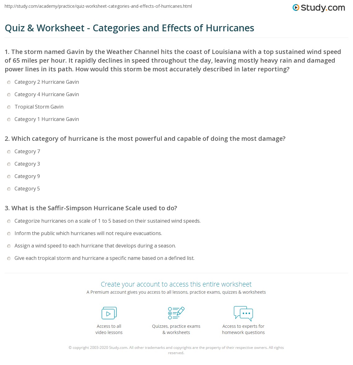 Quiz Worksheet Categories And Effects Of Hurricanes Study
