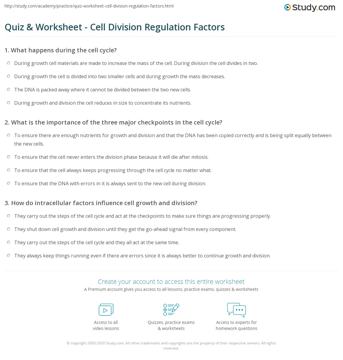 Quiz Worksheet Cell Division Regulation Factors Study
