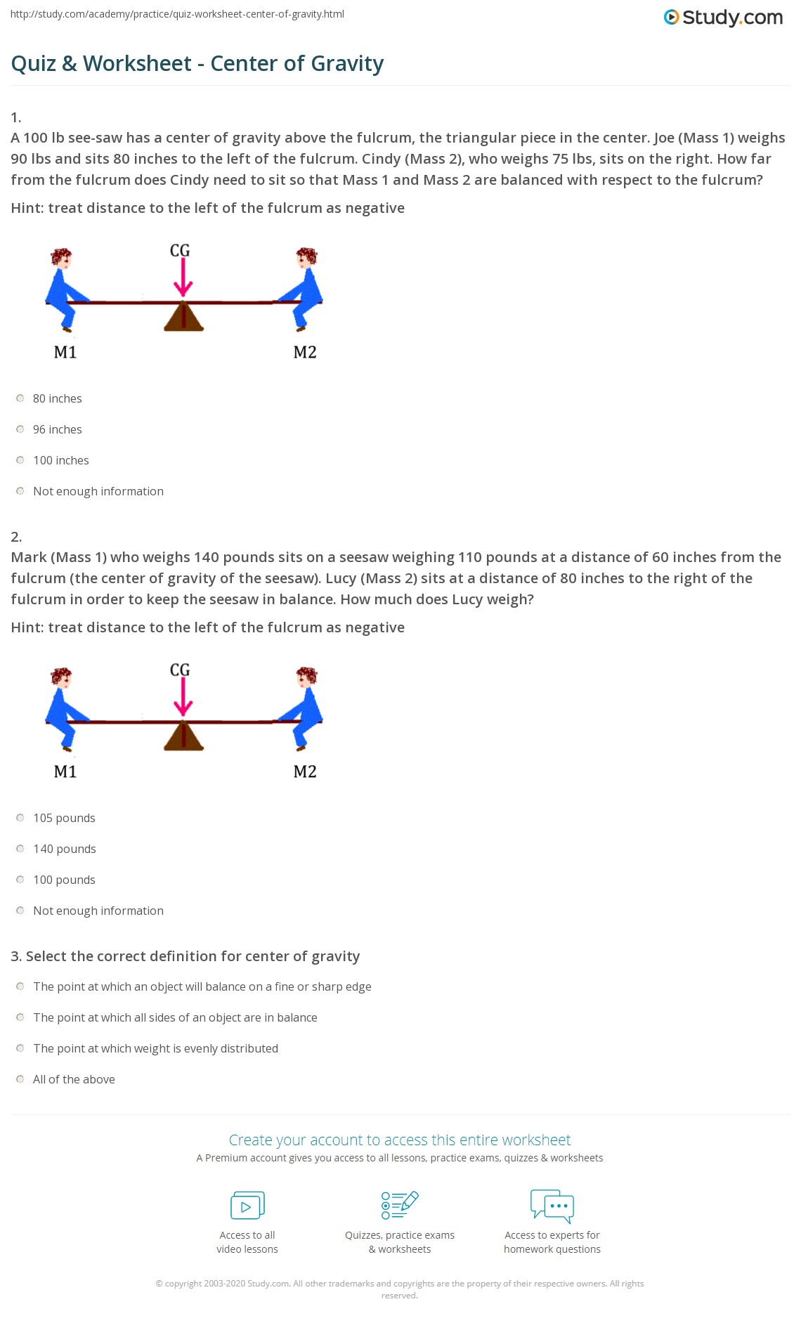 Quiz Worksheet Center Of Gravity Study