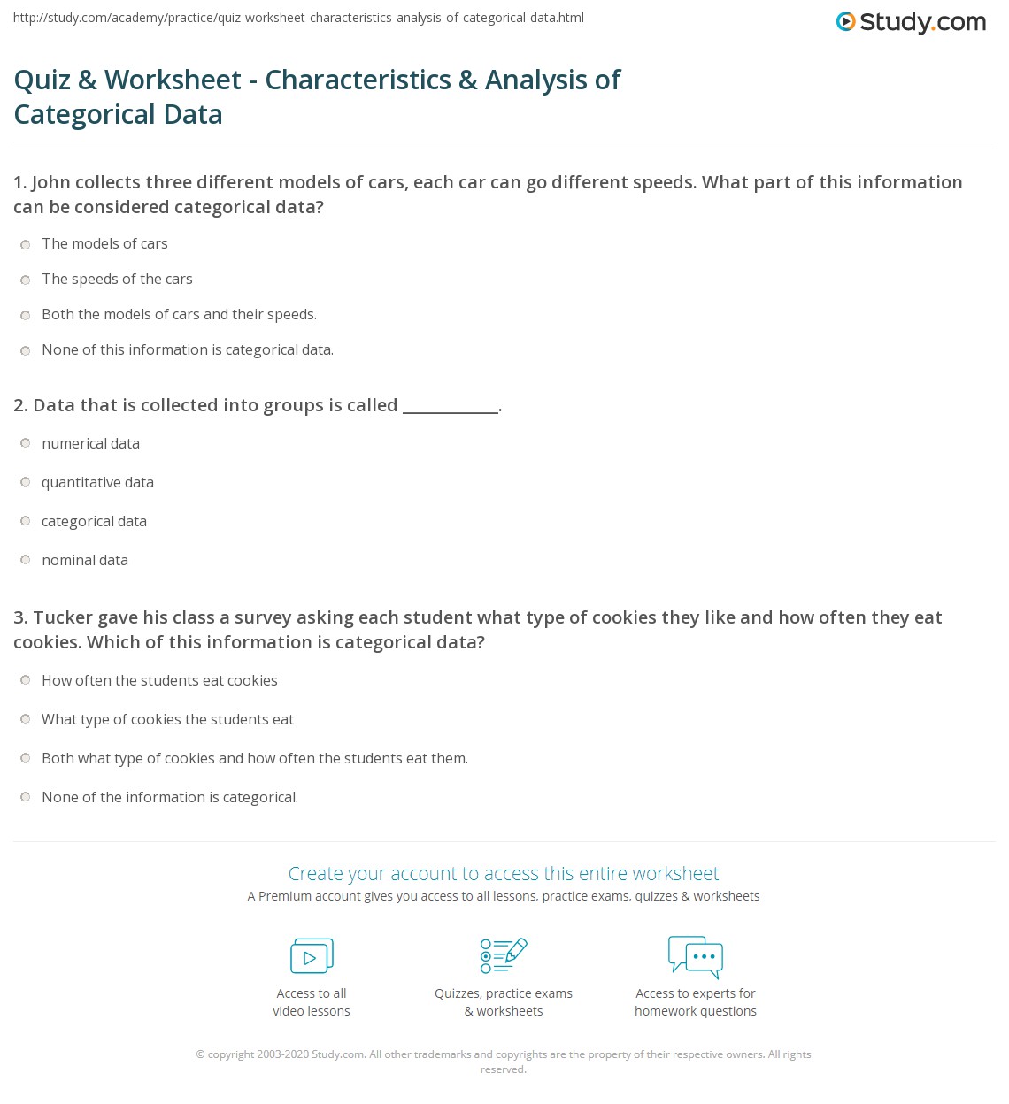 Quiz & Worksheet - Characteristics & Analysis of Categorical Data ...