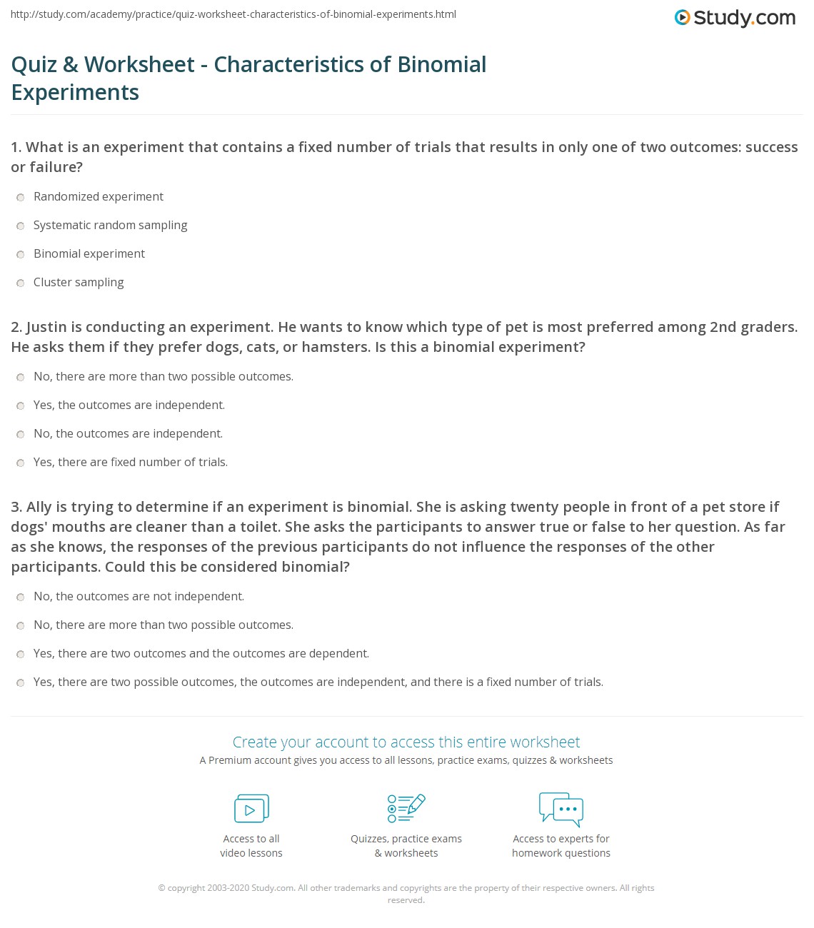 Quiz & Worksheet - Characteristics of Binomial Experiments | Study.com