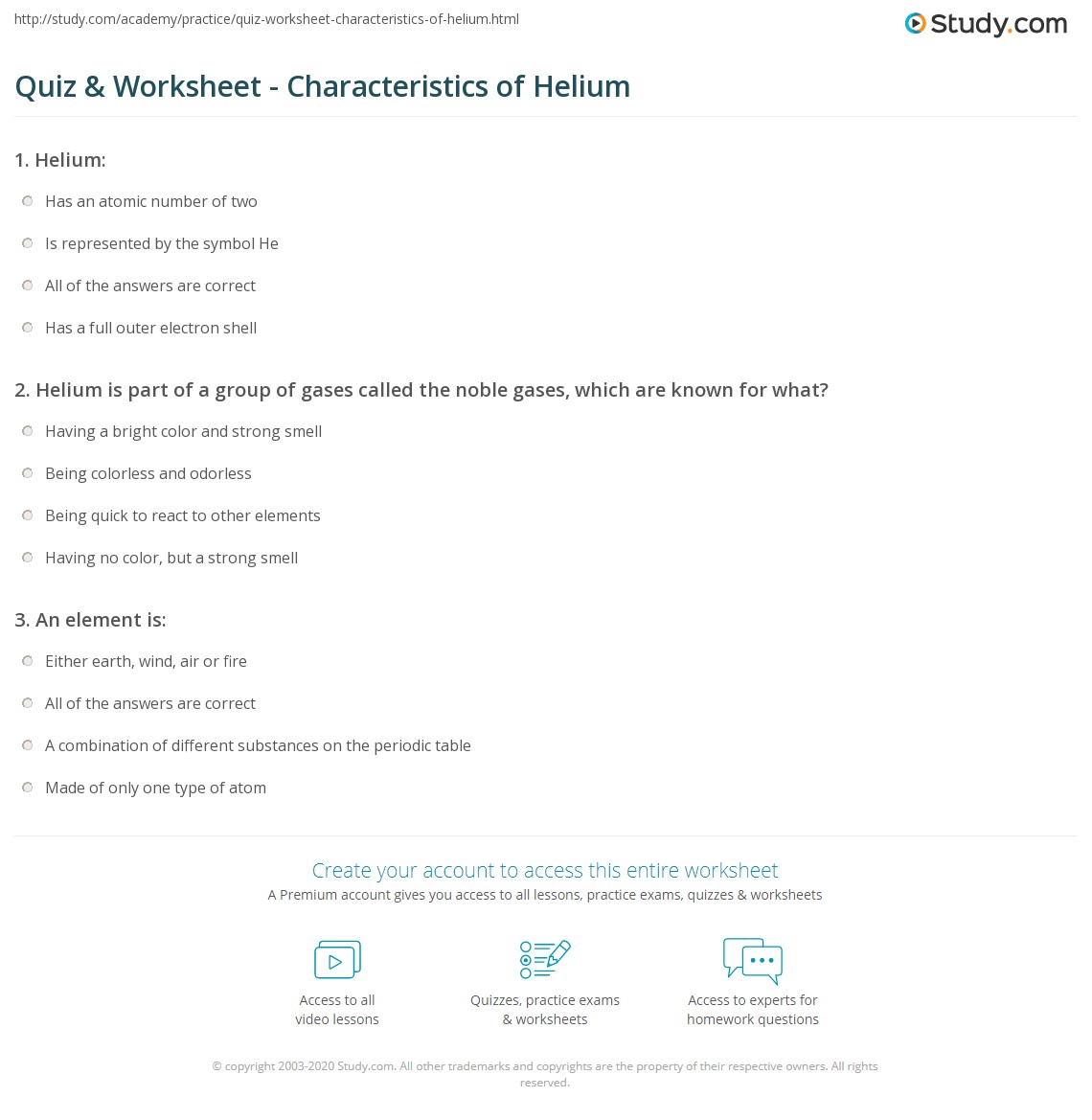 Quiz & Worksheet - Characteristics of Helium | Study.com