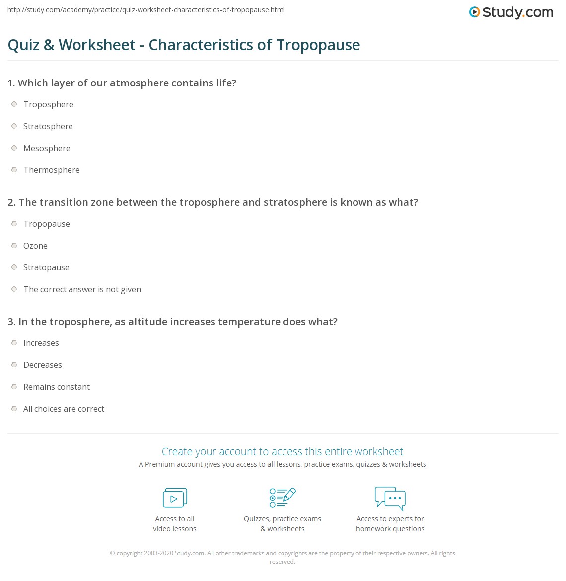 Quiz & Worksheet - Characteristics of Tropopause | Study.com