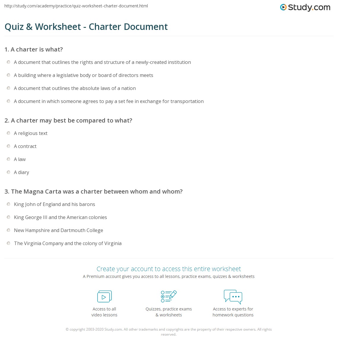 Quiz & Worksheet - Charter Document | Study.com