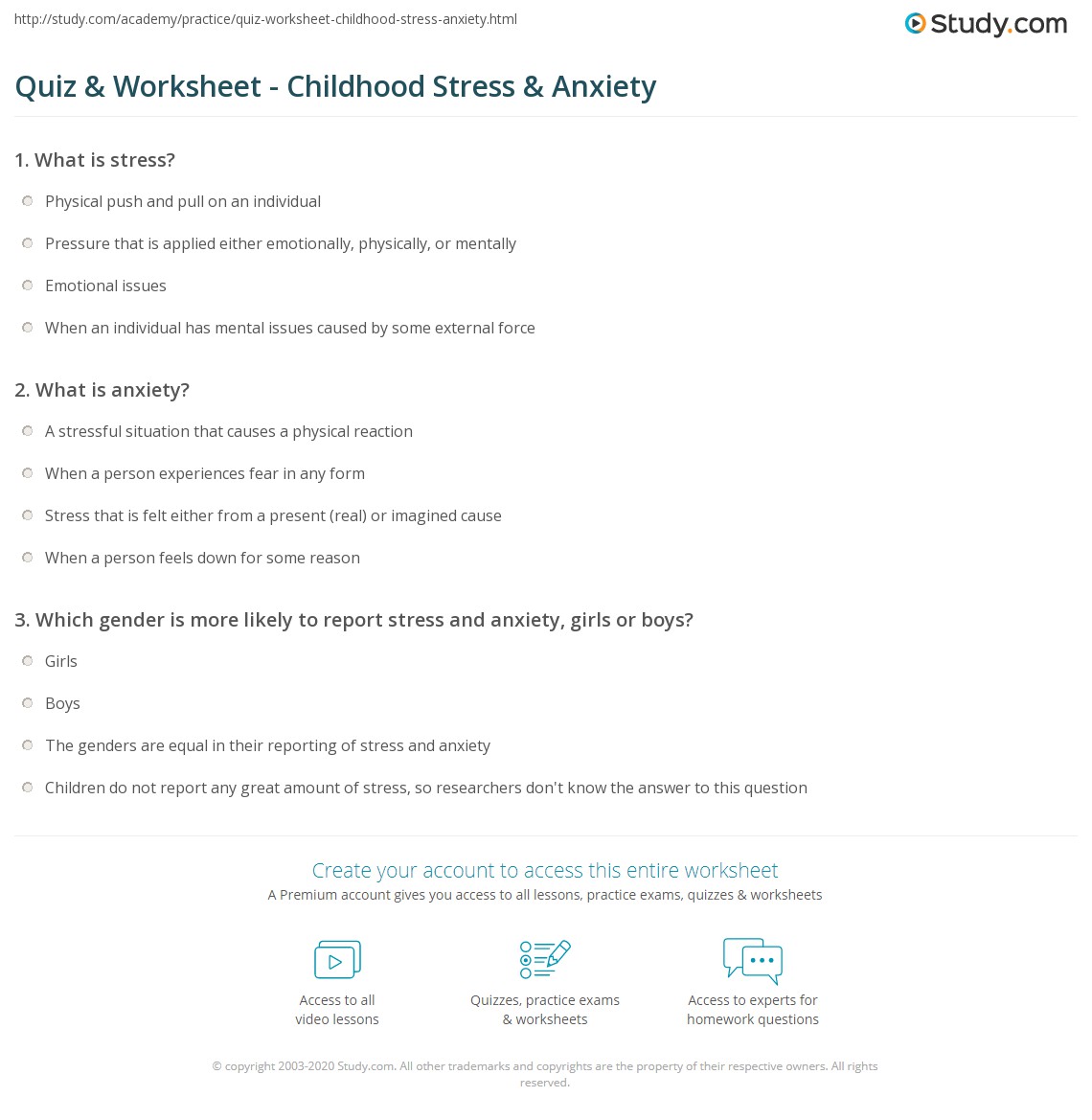 Quiz &amp; Worksheet - Childhood Stress &amp; Anxiety | Study.com