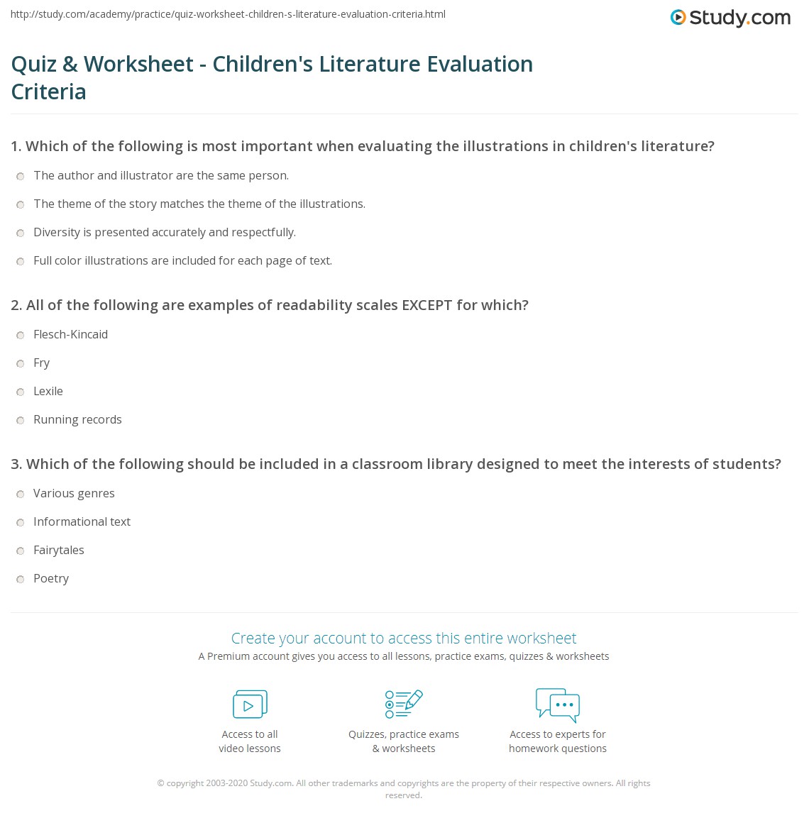 Quiz &amp; Worksheet - Children's Literature Evaluation Criteria | Study.com