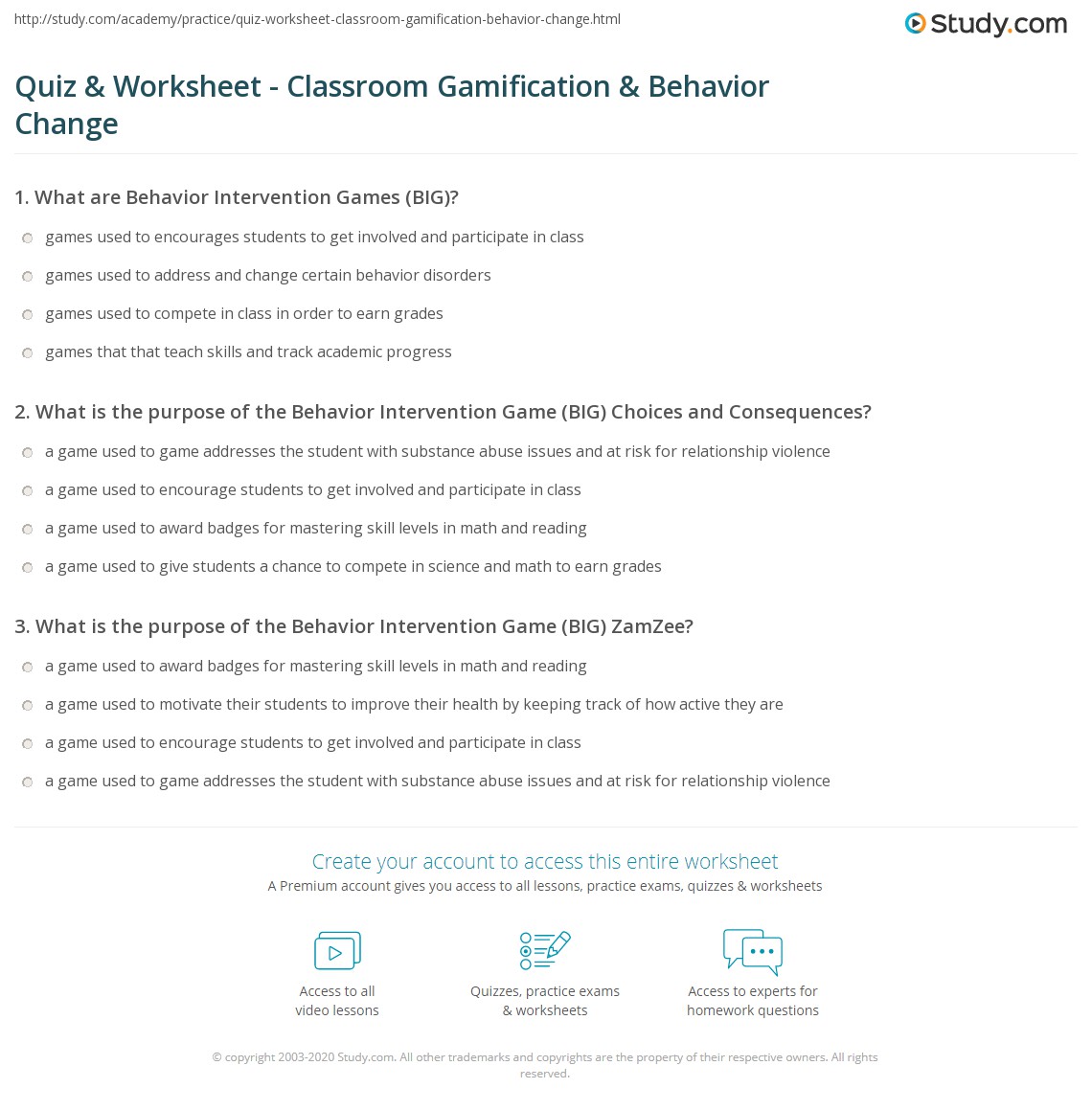 Quiz & Worksheet - Classroom Gamification & Behavior Change | Study.com
