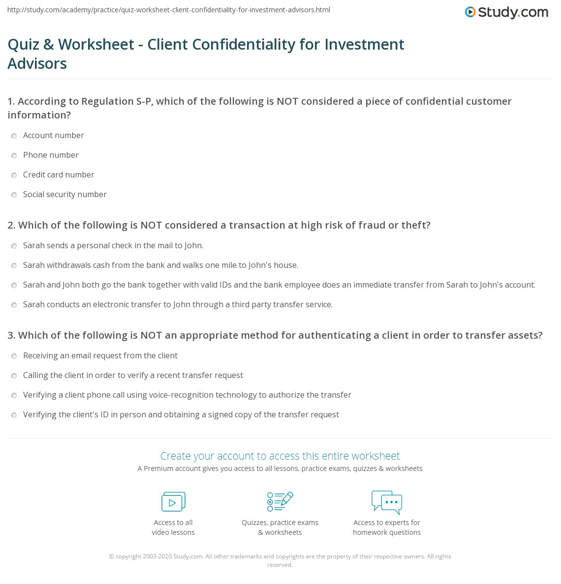 Quiz & Worksheet Client Confidentiality for Investment Advisors