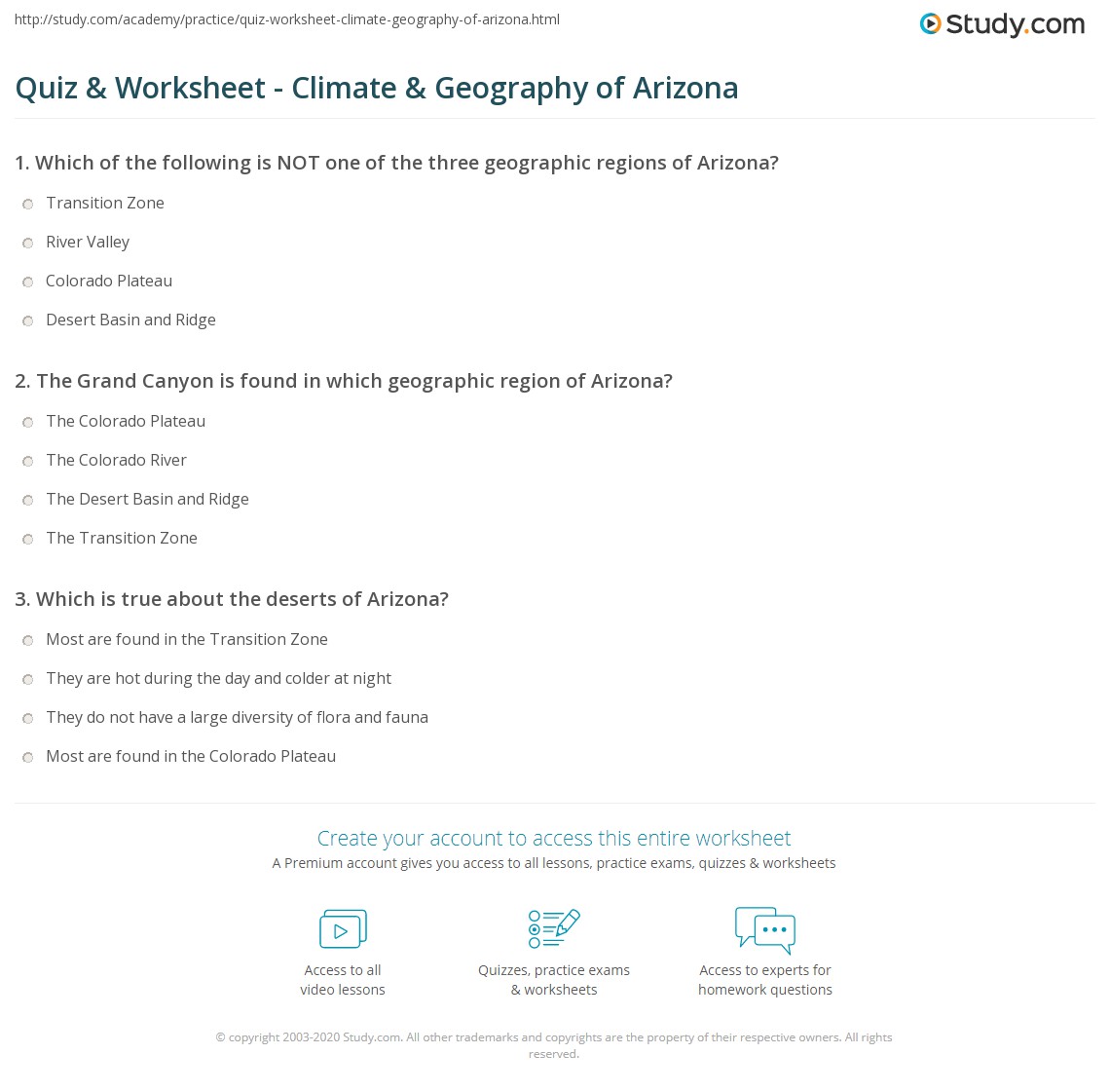 Quiz & Worksheet Climate & Geography of Arizona
