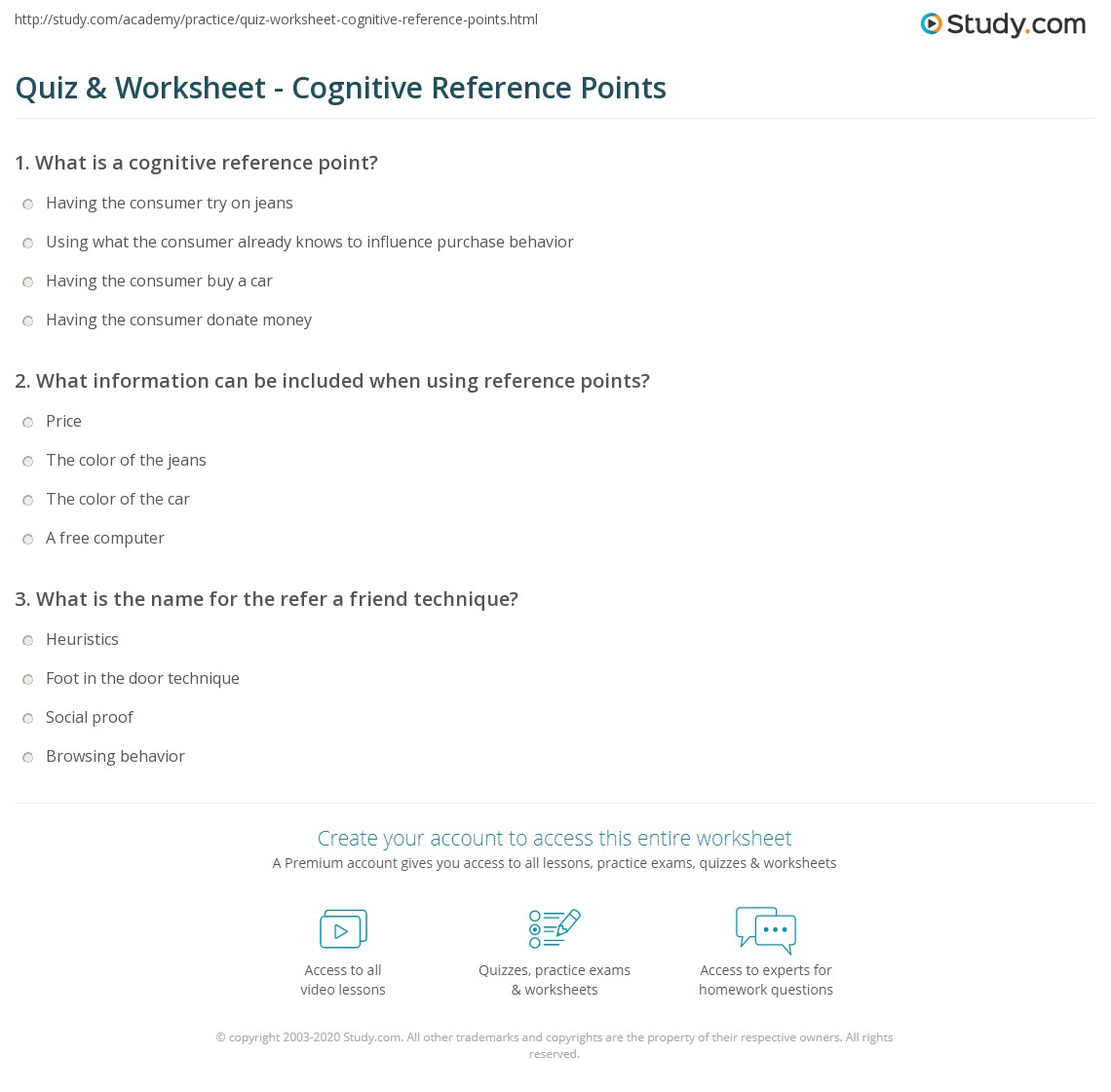 Quiz & Worksheet - Cognitive Reference Points | Study.com