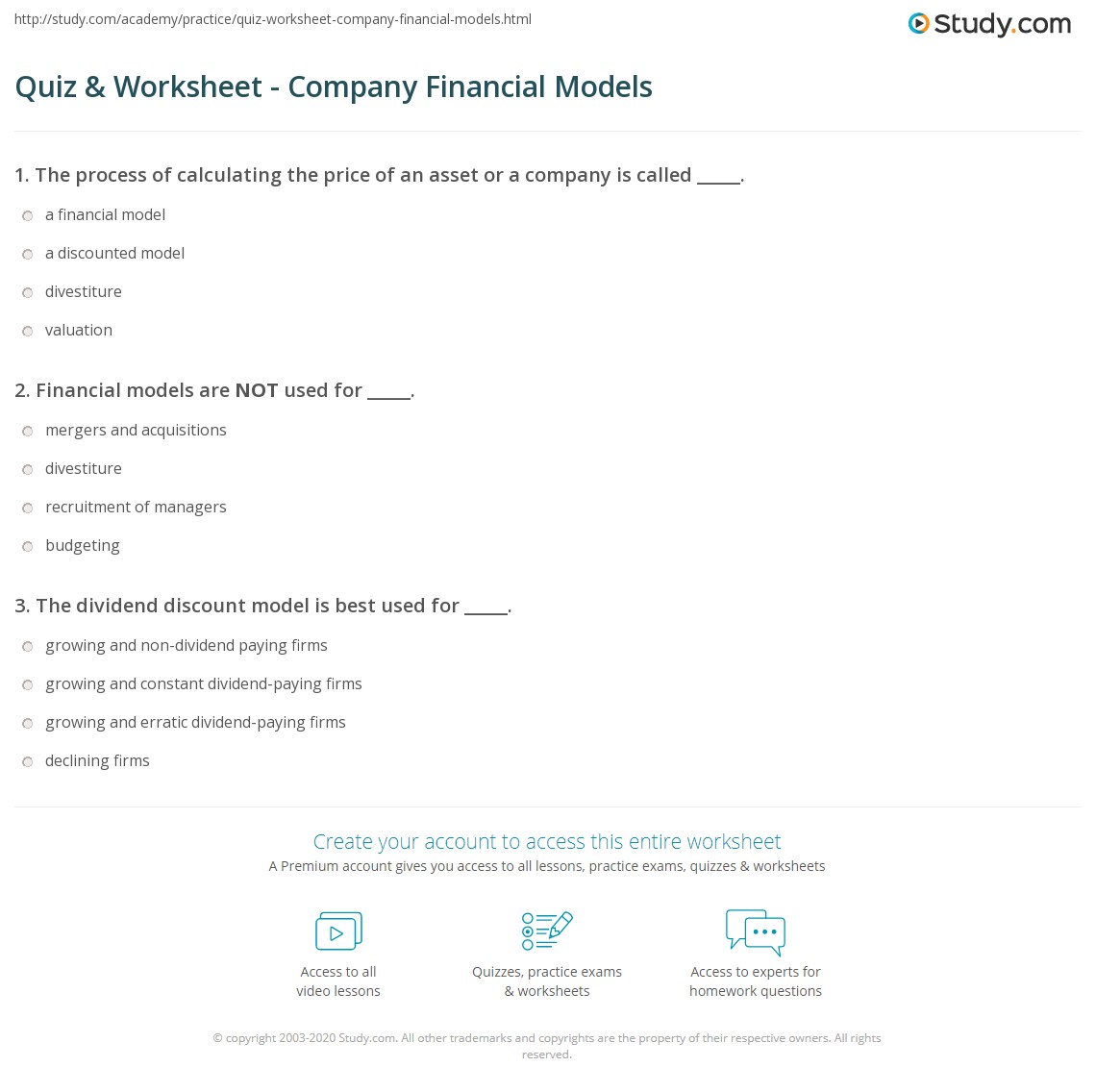 Quiz & Worksheet - Company Financial Models | Study.com