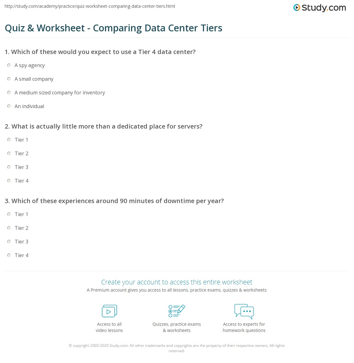 Quiz & Worksheet - Comparing Data Center Tiers | Study.com