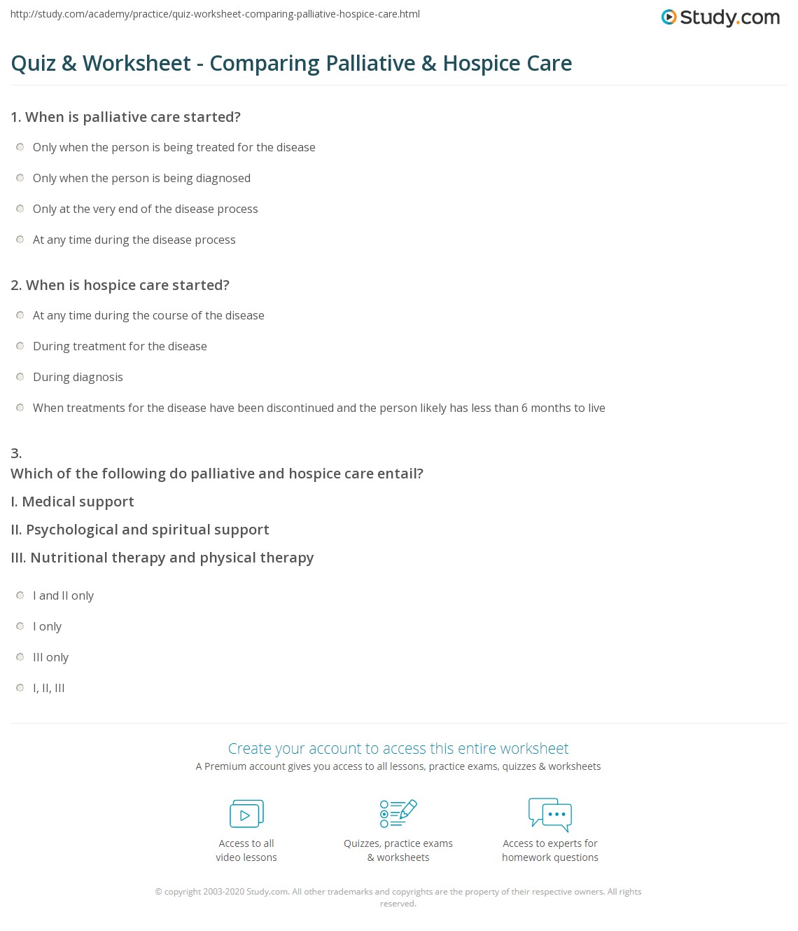 Quiz &amp; Worksheet - Comparing Palliative &amp; Hospice Care | Study.com