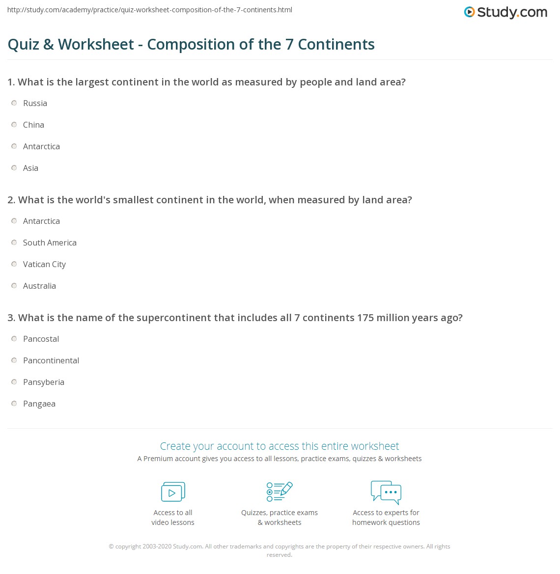 Quiz Worksheet Composition Of The 7 Continents Study