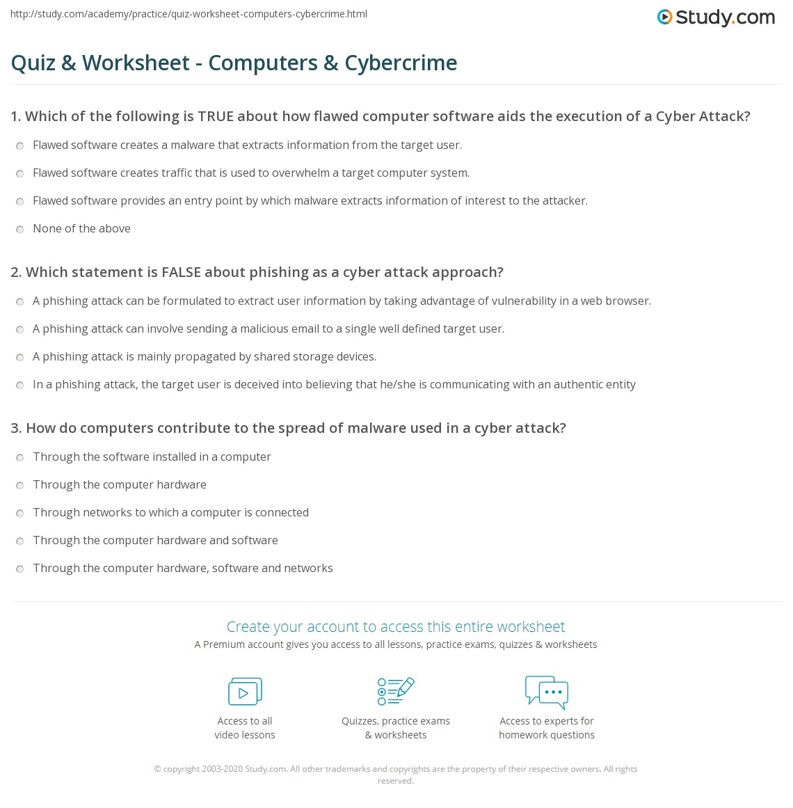 Quiz & Worksheet - Computers & Cybercrime | Study.com