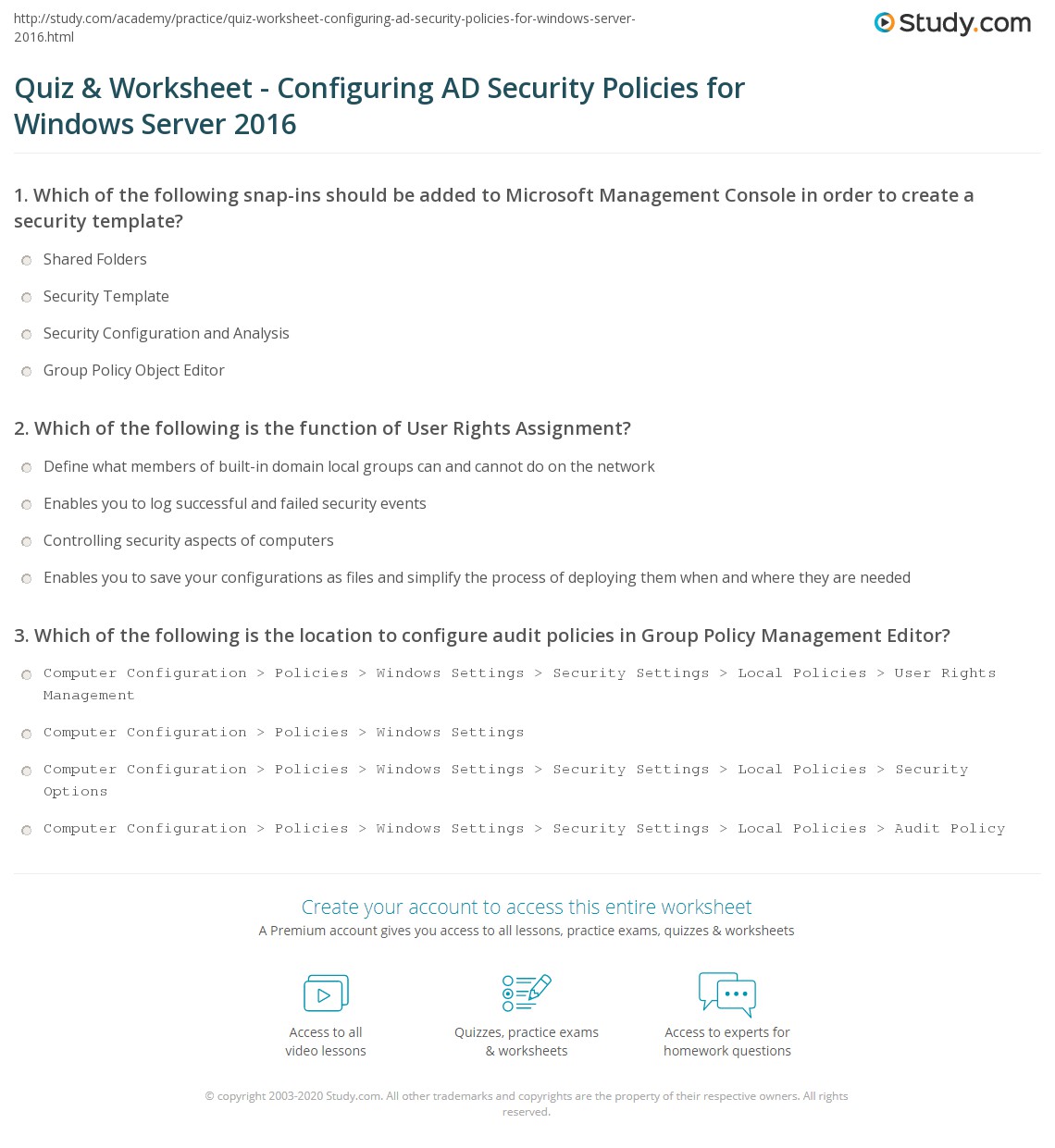 Quiz & Worksheet - Configuring AD Security Policies for Windows Server ...