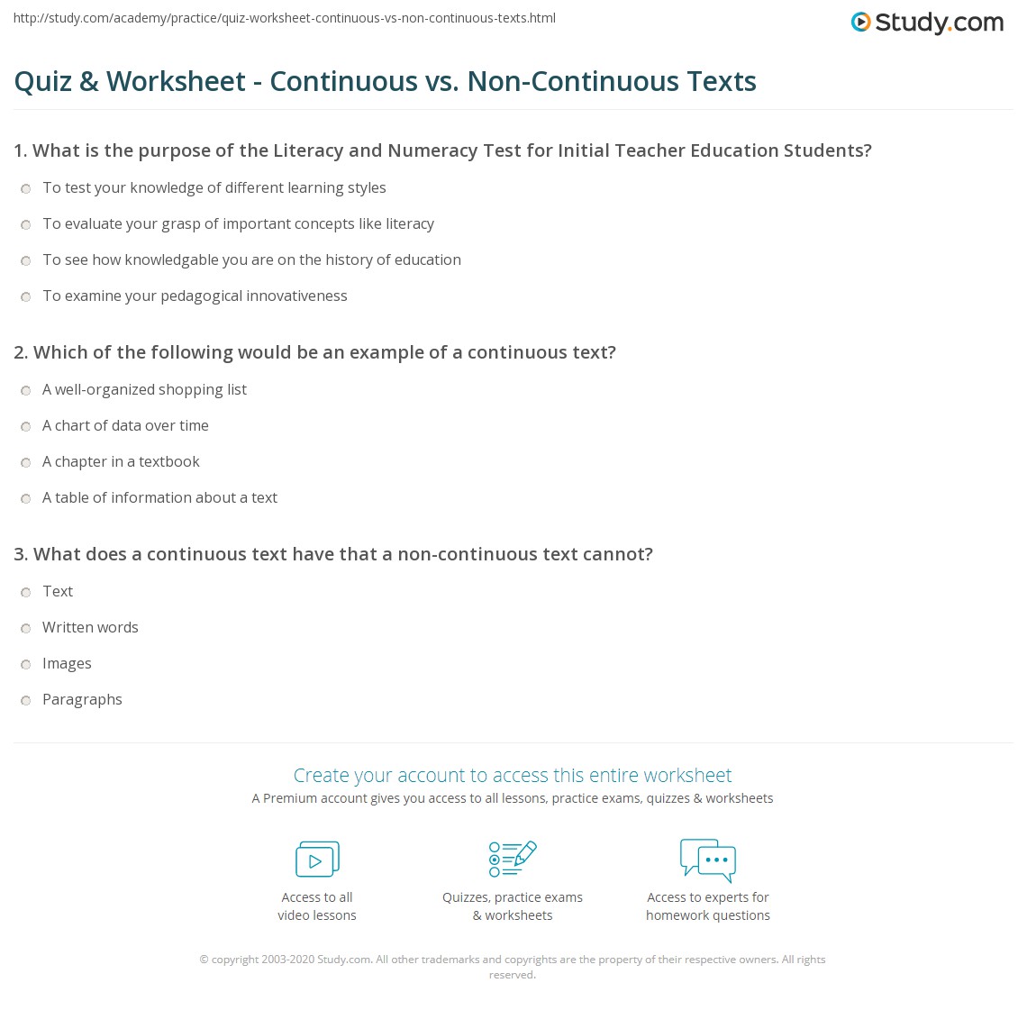 Quiz Worksheet Continuous Vs Non Continuous Texts Study