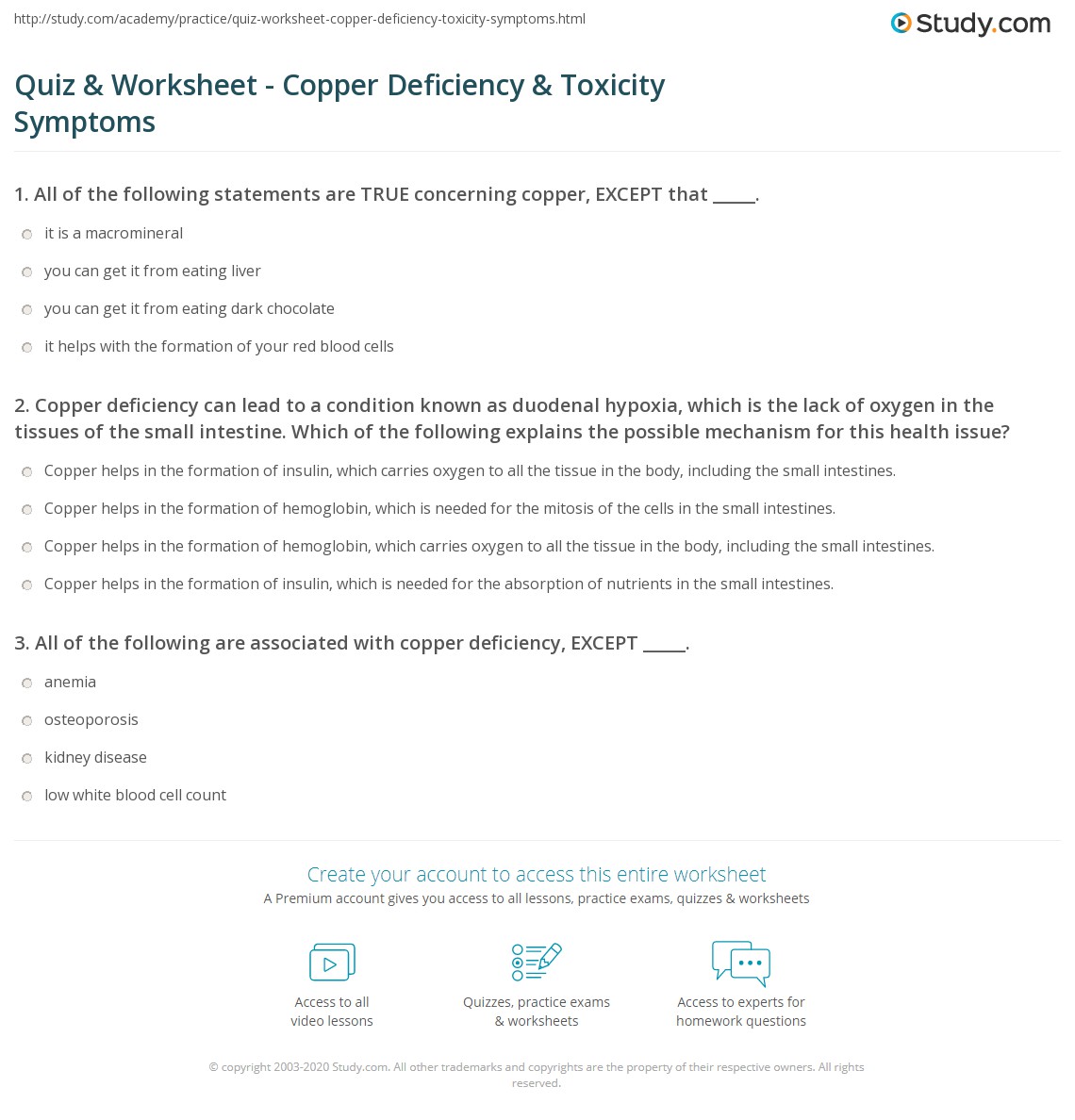 Quiz & Worksheet Copper Deficiency & Toxicity Symptoms