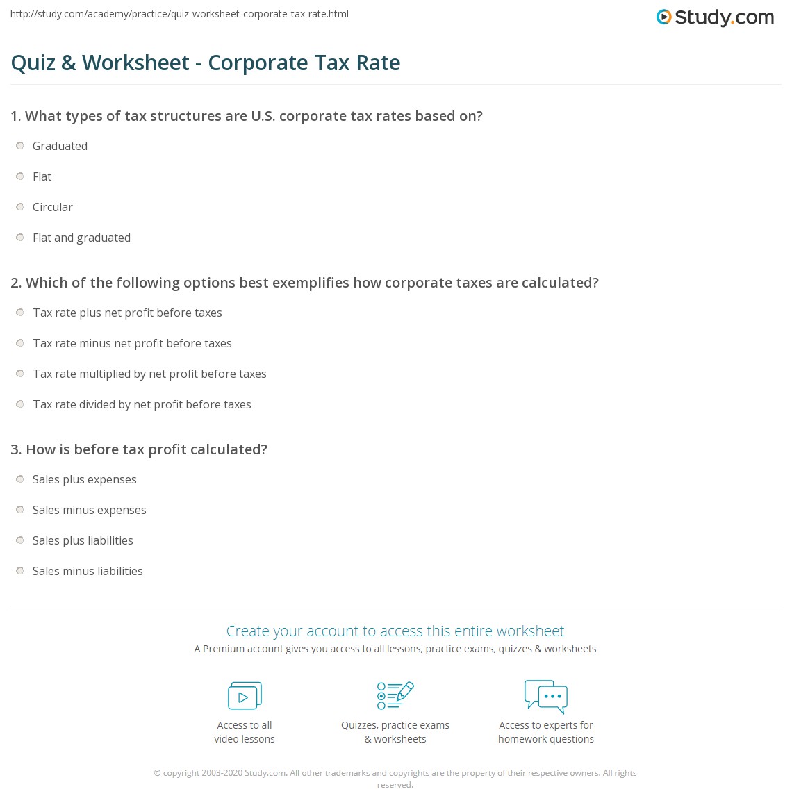 Quiz Worksheet Corporate Tax Rate Study Com