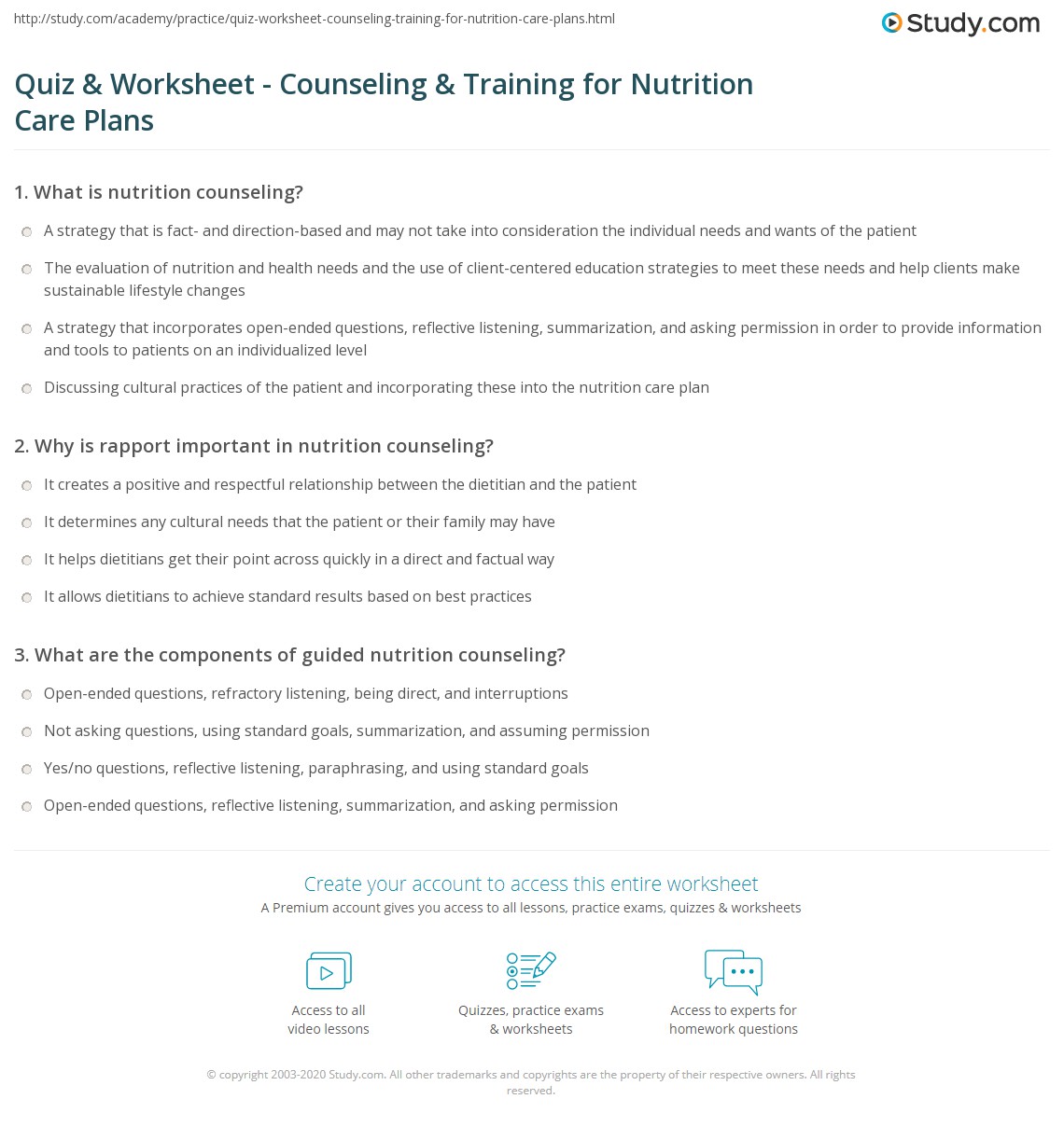 Quiz & Worksheet Counseling & Training for Nutrition Care Plans