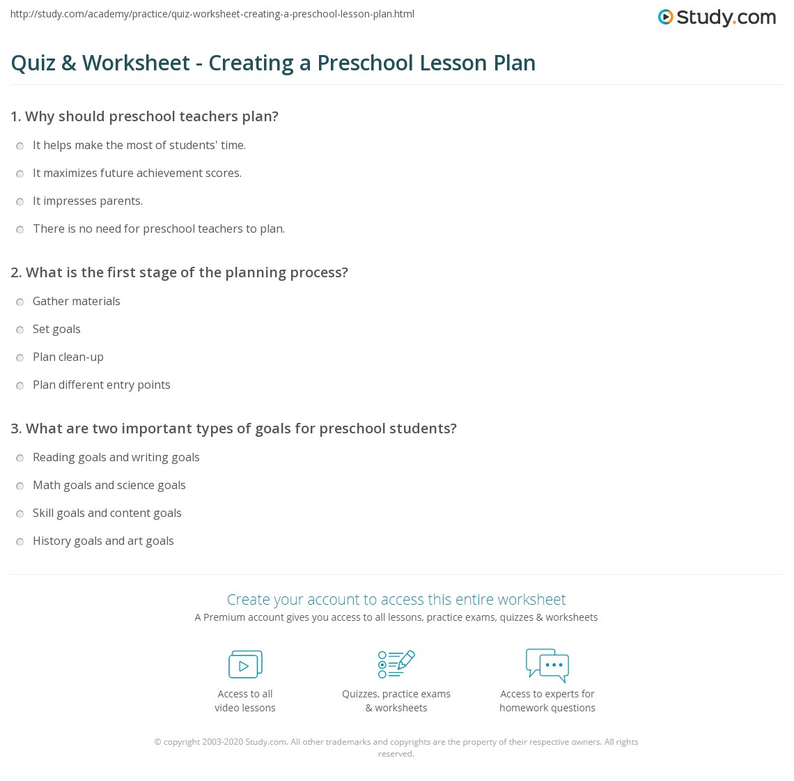 Quiz & Worksheet - Creating a Preschool Lesson Plan | Study.com