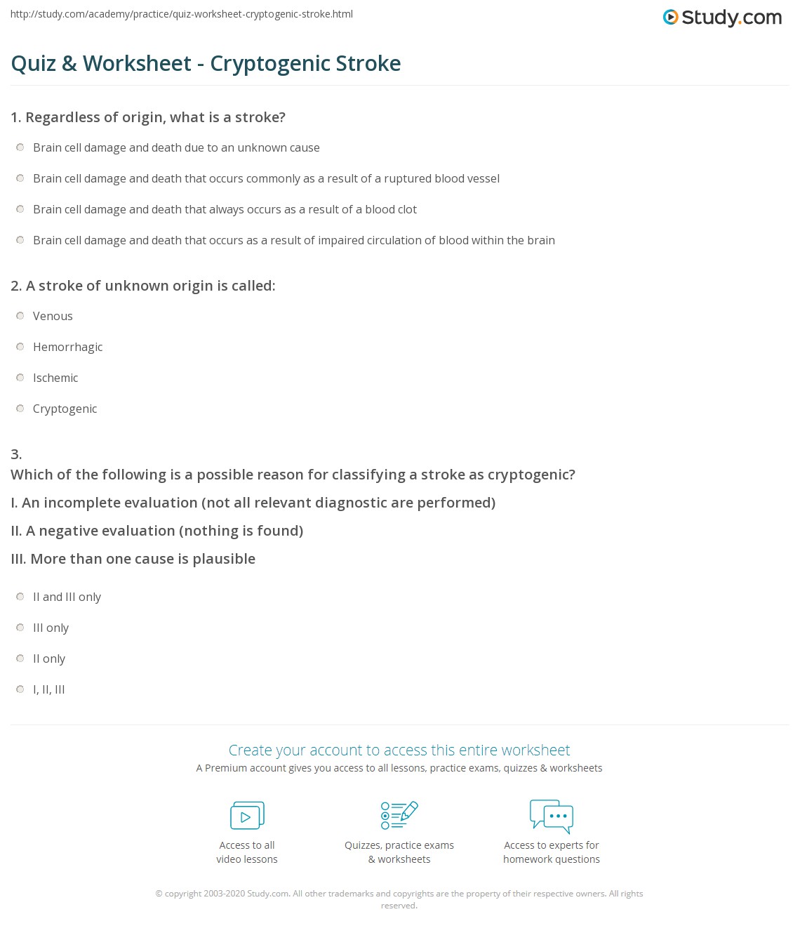 Quiz & Worksheet - Cryptogenic Stroke | Study.com