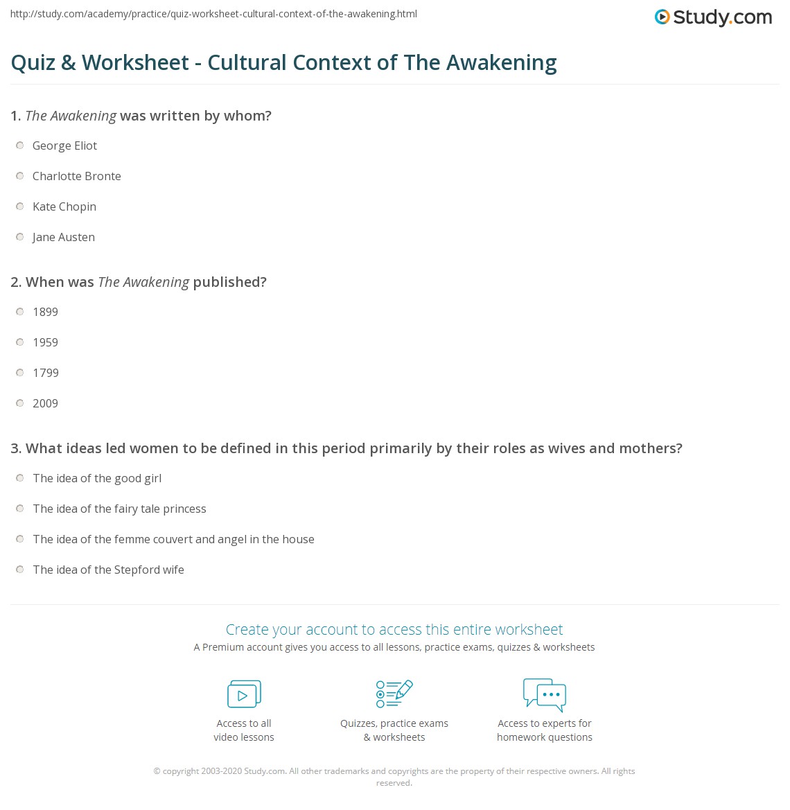 Quiz & Worksheet - Cultural Context of The Awakening | Study.com