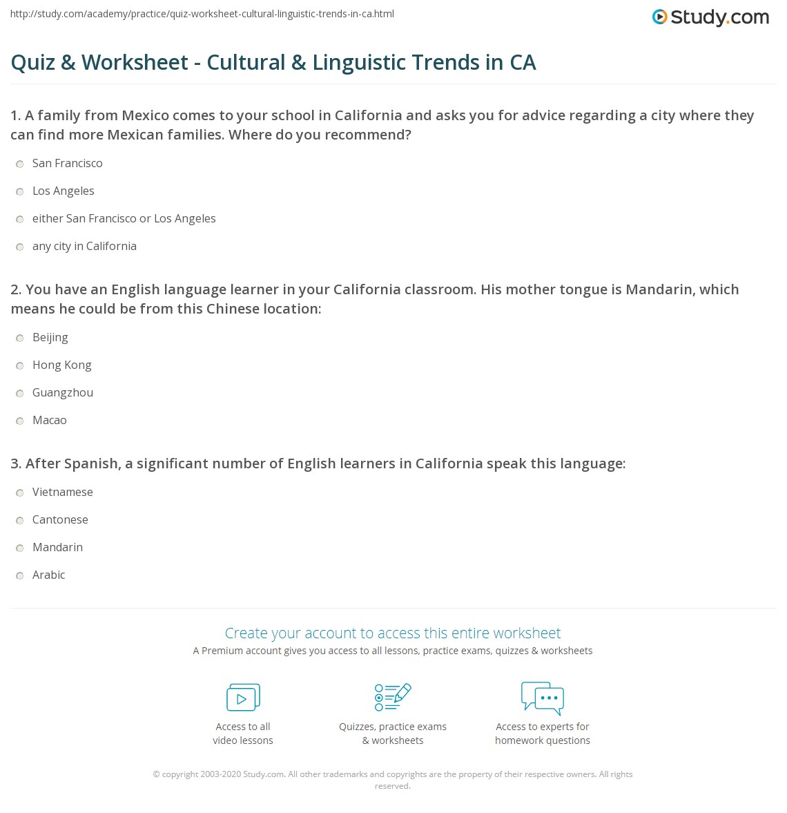 Quiz &amp; Worksheet - Cultural &amp; Linguistic Trends in CA | Study.com