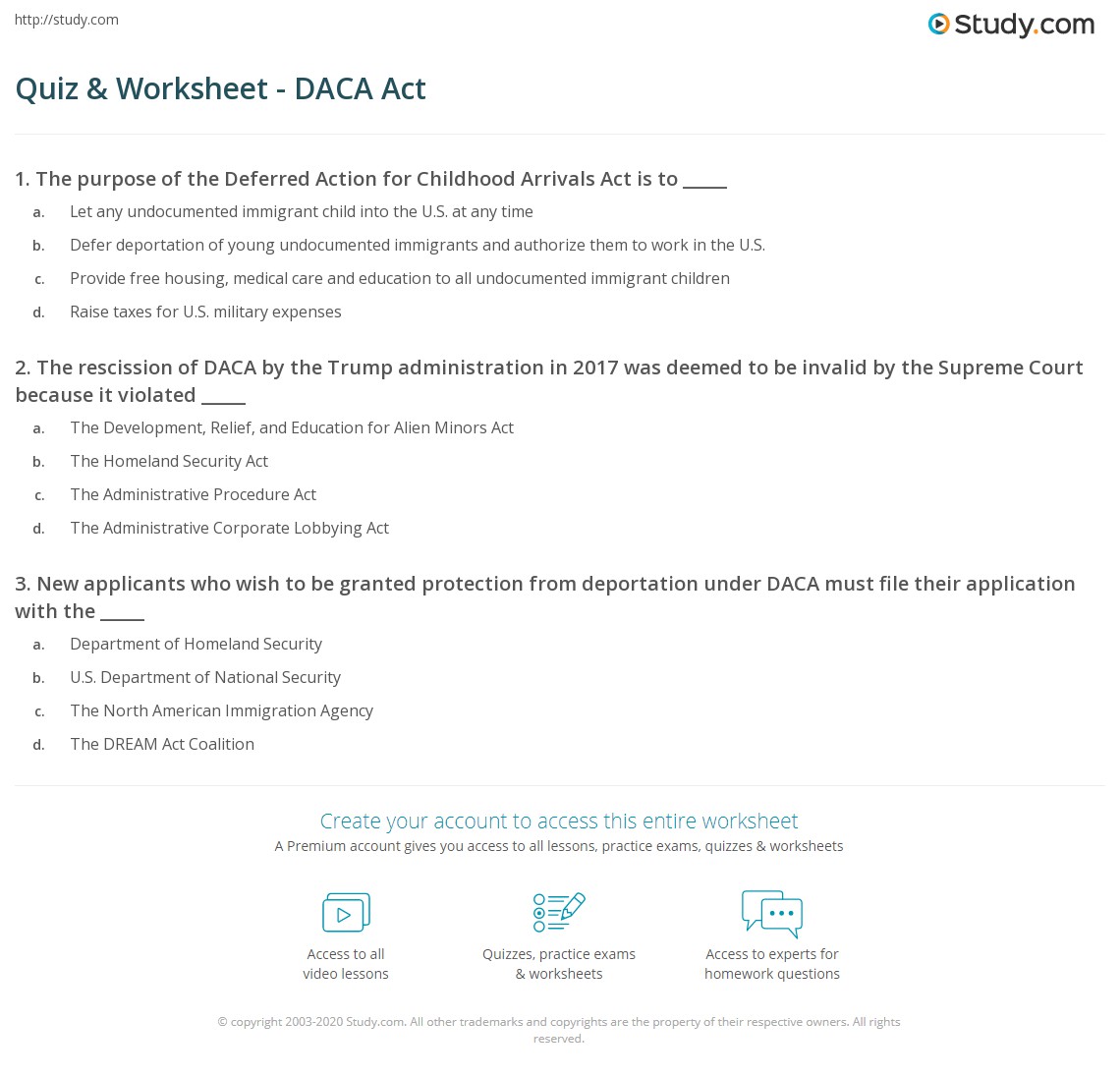 Quiz & Worksheet - DACA Act | Study.com
