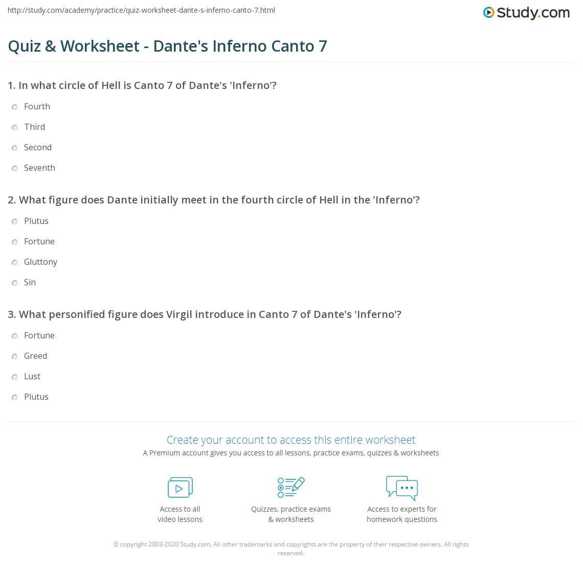 Quiz & Worksheet - Dante's Inferno Canto 7 | Study.com
