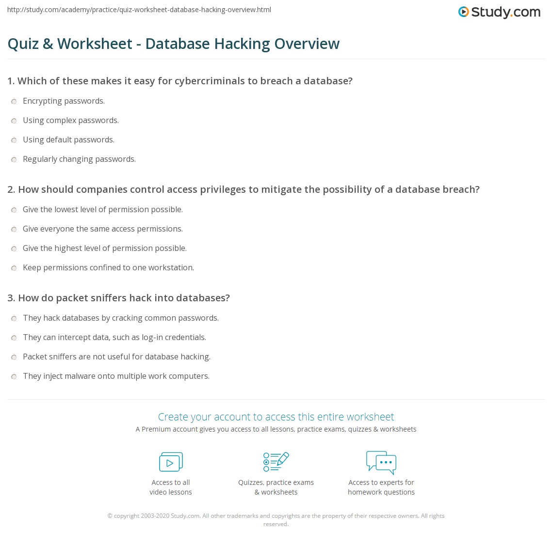 Quiz & Worksheet - Database Hacking Overview | Study.com