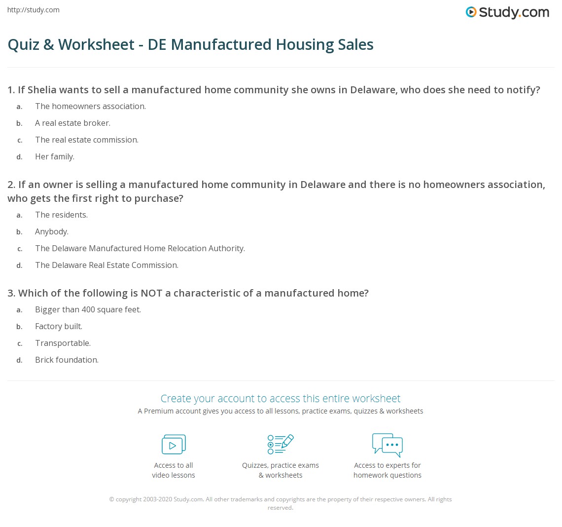 Quiz & Worksheet - DE Manufactured Housing Sales | Study.com