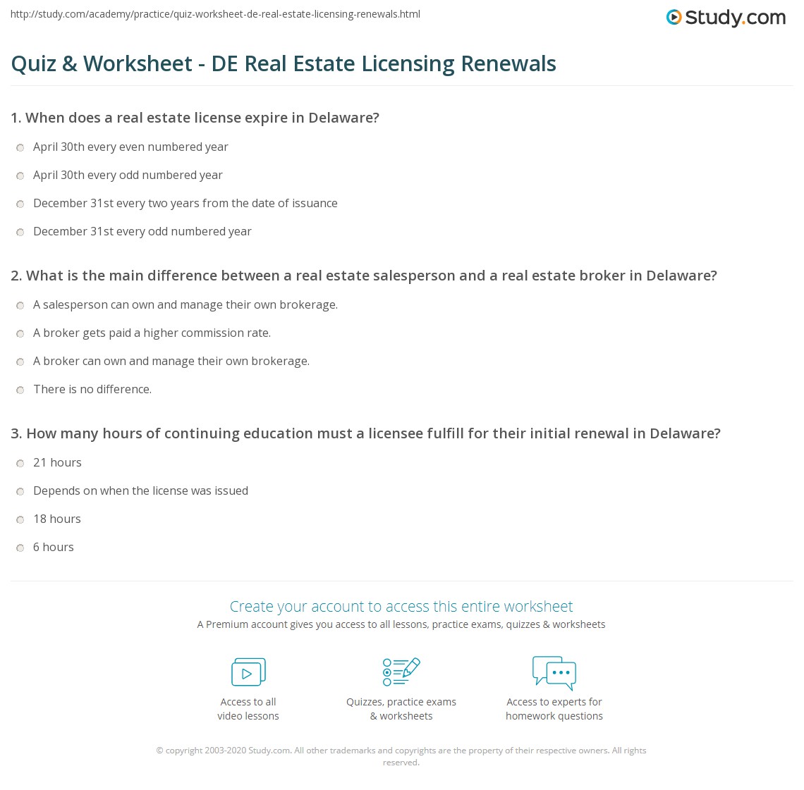 Quiz & Worksheet DE Real Estate Licensing Renewals