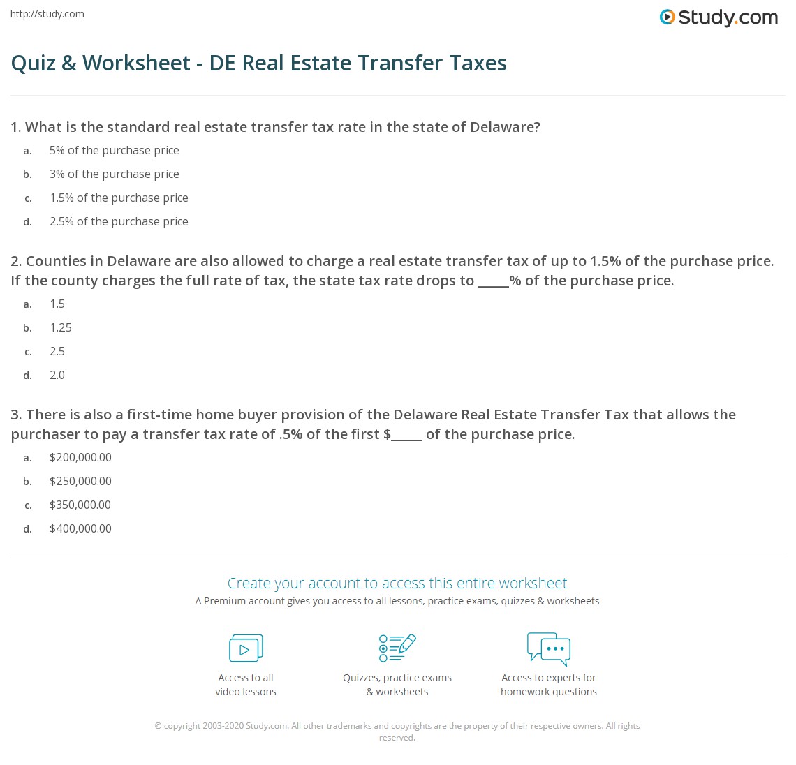Quiz & Worksheet DE Real Estate Transfer Taxes