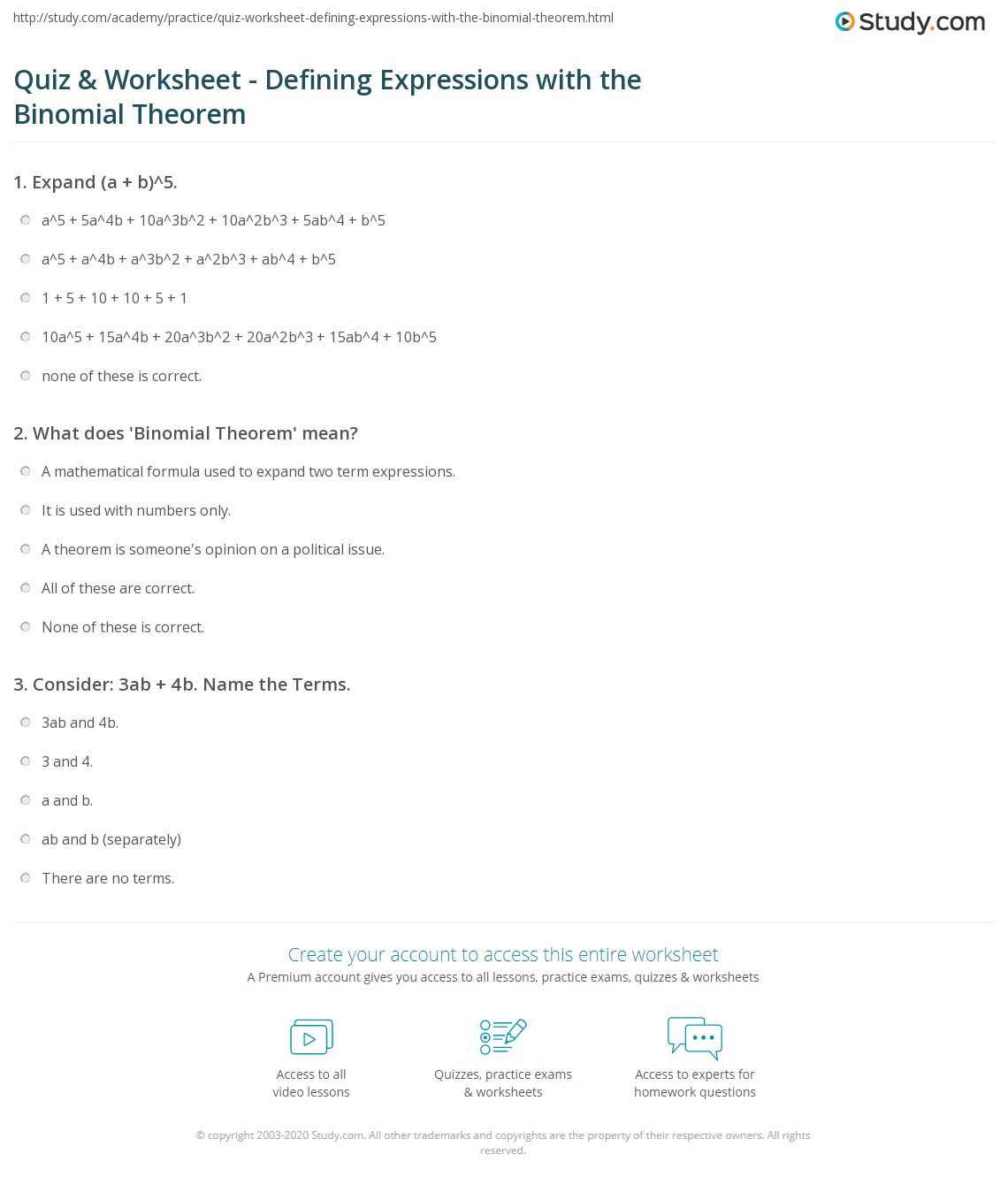 Quiz & Worksheet - Defining Expressions with the Binomial Theorem |  Study.com