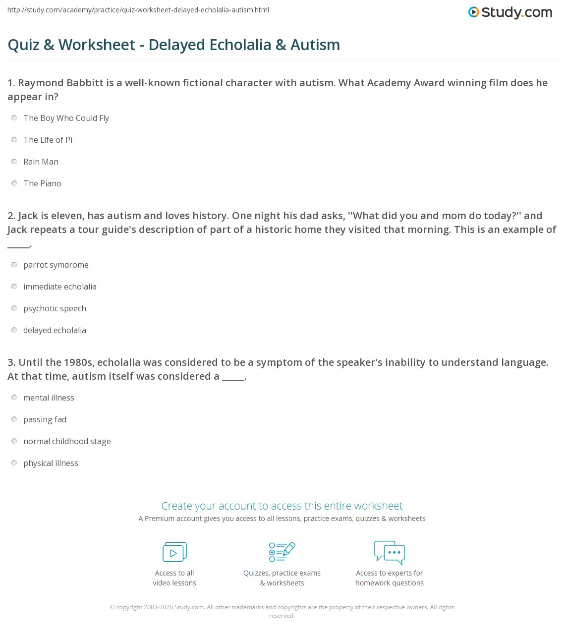 Quiz & Worksheet - Delayed Echolalia & Autism | Study.com