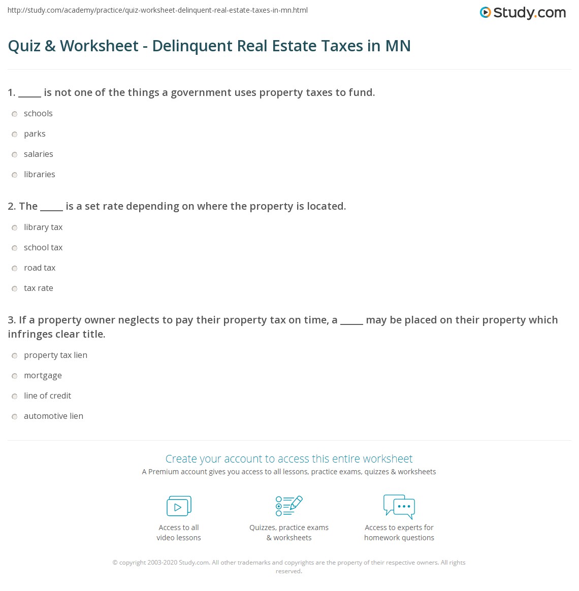 Quiz & Worksheet Delinquent Real Estate Taxes in MN