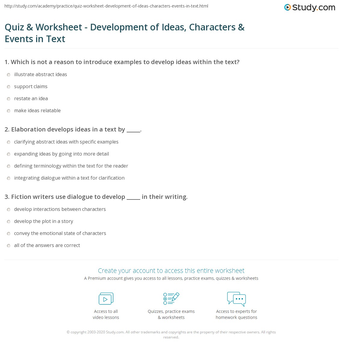 Quiz & Worksheet - Development of Ideas, Characters & Events in Text ...