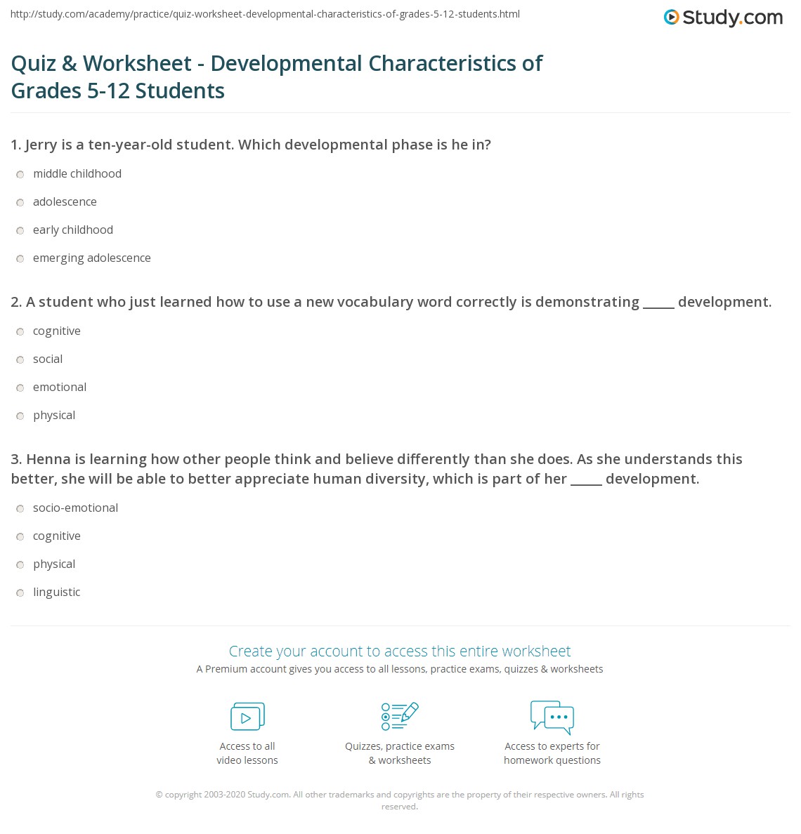 Quiz & Worksheet - Developmental Characteristics of Grades 5-12 Students |  Study.com