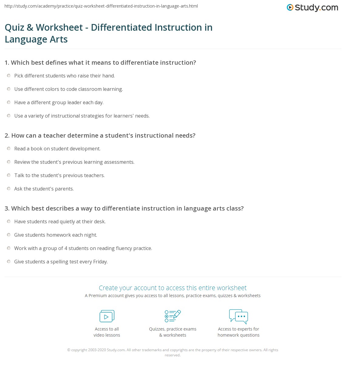 Quiz & Worksheet - Differentiated Instruction in Language Arts | Study.com