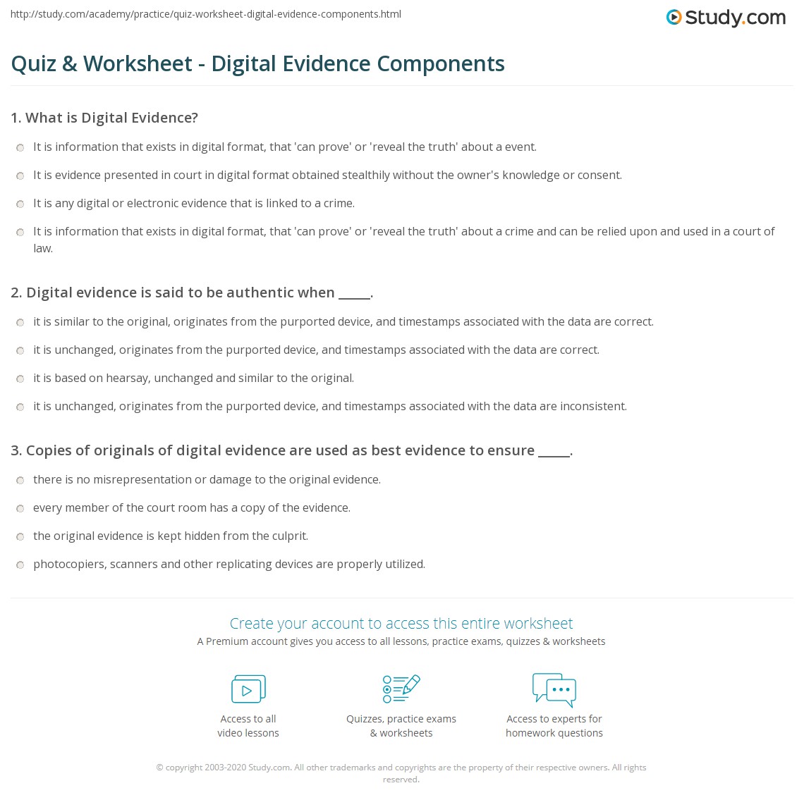 Quiz & Worksheet - Digital Evidence Components | Study.com