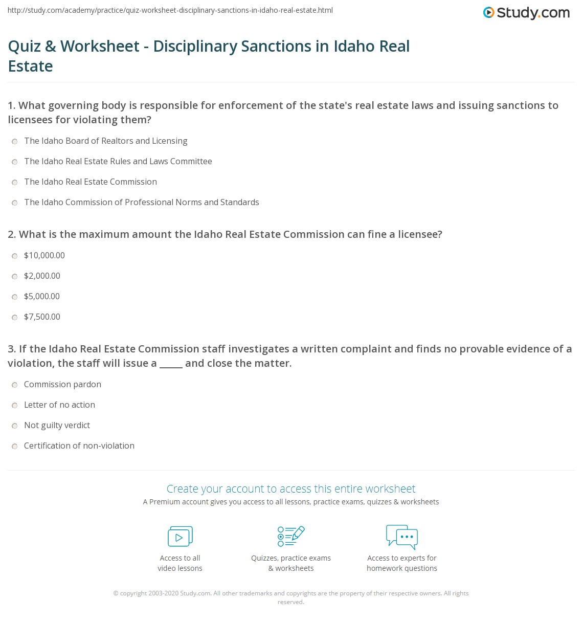 Quiz & Worksheet Disciplinary Sanctions in Idaho Real Estate
