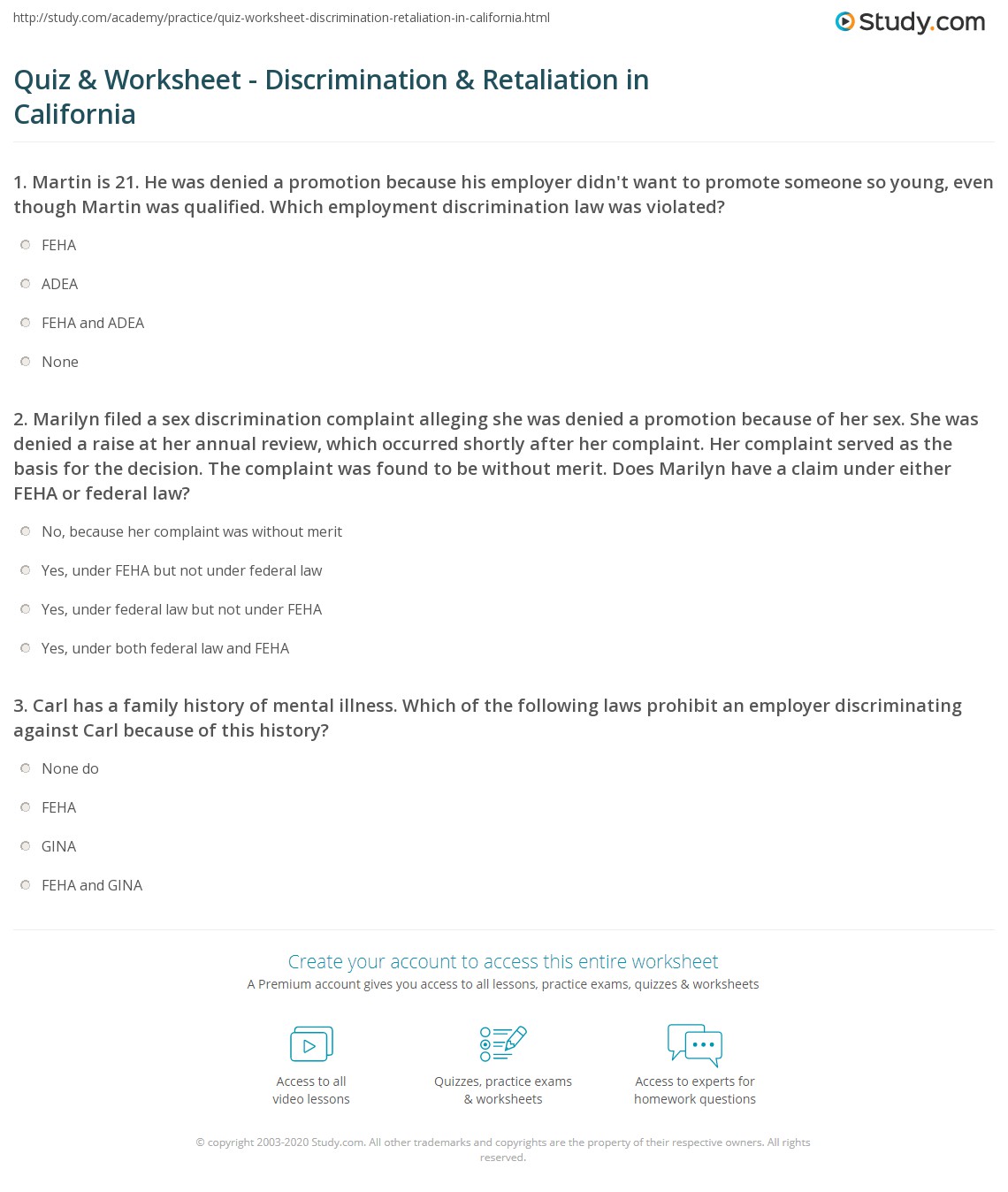 Quiz & Worksheet - Discrimination & Retaliation in California | Study.com